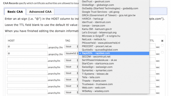 CAA DNS record setup