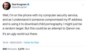 No, Paul Krugman's IP didn't get hacked and he didn't get caught with nasty stuff on his laptop.