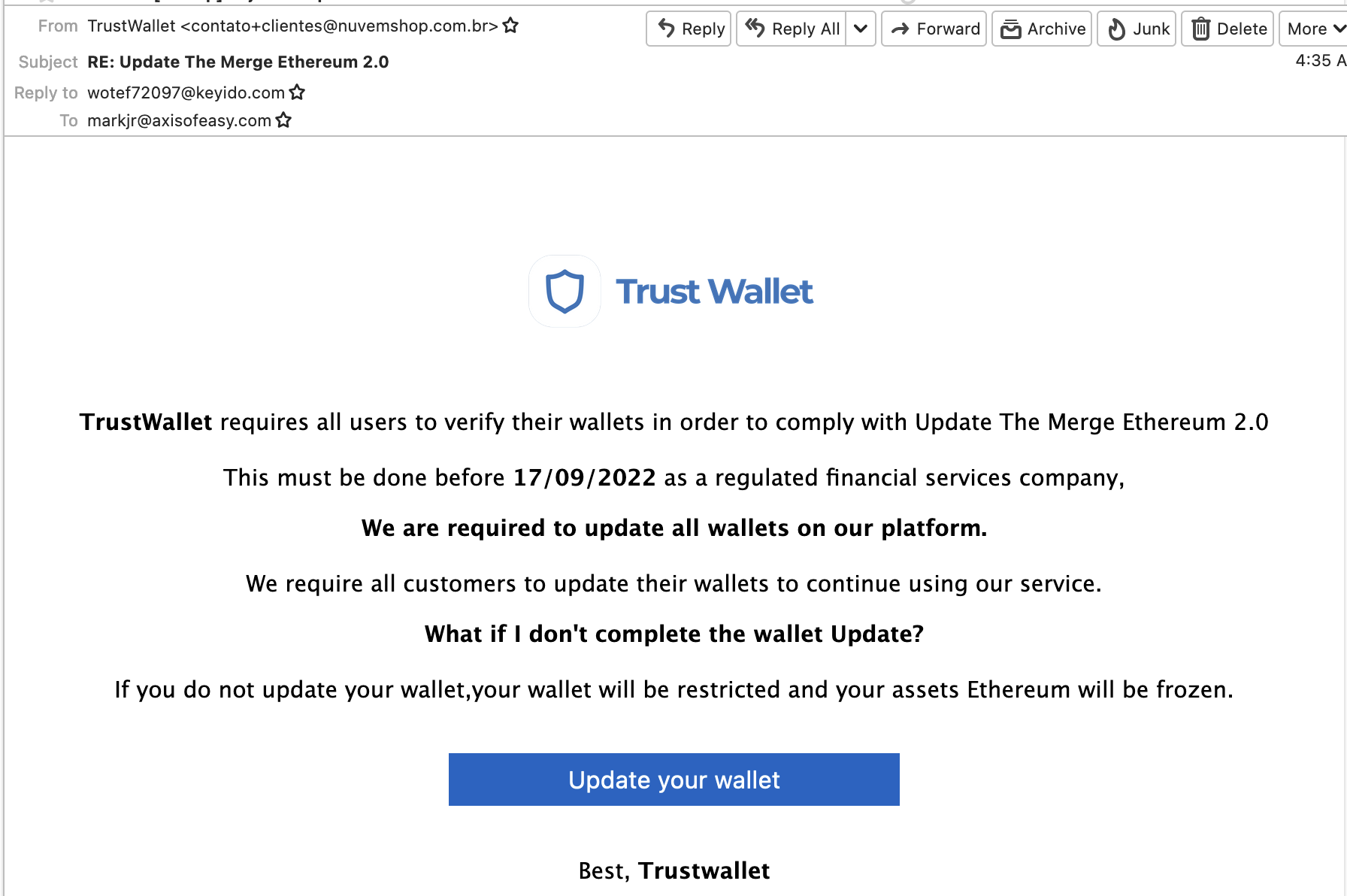 Beware of Ethereum Merge Related Phishing Emails